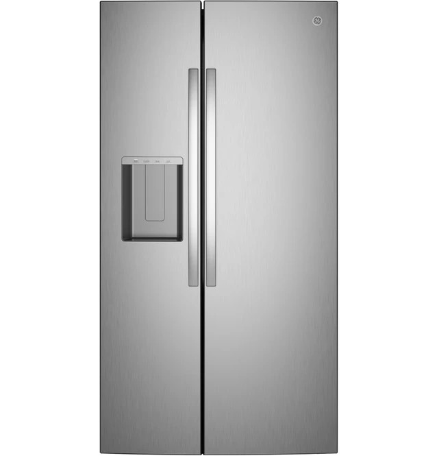 GE® 23.6 Cu. Ft. Counter-Depth Side-By-Side Refrigerator with Extra Tall Dispenser and In-Door Icemaker – GZS24NYYFS